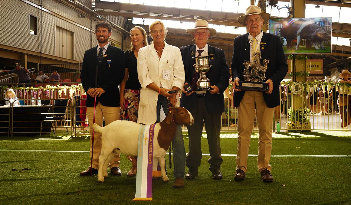 Judge Thomas Youlden, Simone Youlden, Marie Barnes, Micathel Boer Goats, Kevin Mathie, RAS honorary councillor, and Ronald Smith, RAS honorary councillor. Picture by Photographer Belinda Third, Royal Agriculture Society of NSW