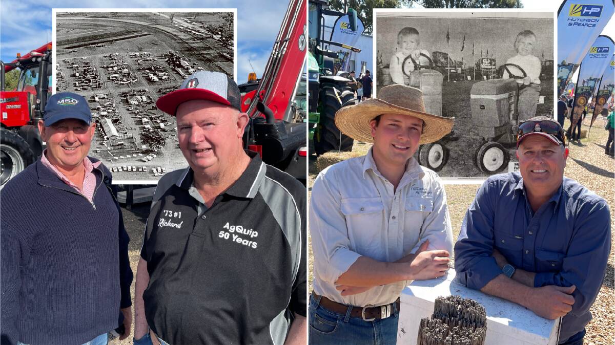 Keith Perrett, Gunnedah, catches up with Richard Betts, Tamworth (left) while William and Gavin Bartel, Bartel Farming, Moree, took in the sights at the John Deere stand (right). Inset are some photos from the first AgQuip in 1973.