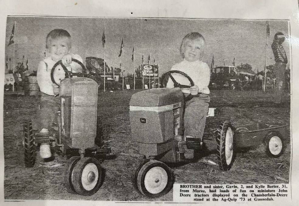 Gavin Bartel, 2, and his sister Kylie, 3, from Moree, photographed in The Land at the first AgQuip in 1973. Mr Bartel was back this year.