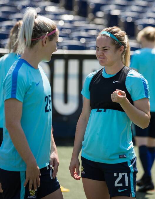 Ellie Carpenter seeing the funny side at training for the Matilda's. Image courtesy of Football Federation Australia.