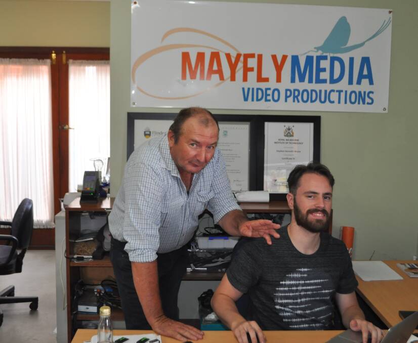 Ross Harmer, West Wyalong Movies, with David Fletcher, Mayfly Media, Wagga Wagga, cutting and editing footage for their upcoming releases. 