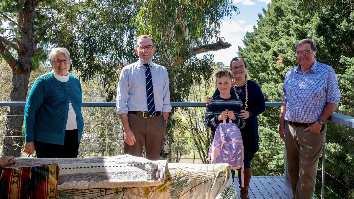 Walcha Rotary Club secretary Lois Hare, Northern Tablelands MP Adam Marshall, project founder Simon Wellings and his mother Rachael and Rotary Club president Andrew Corlette.