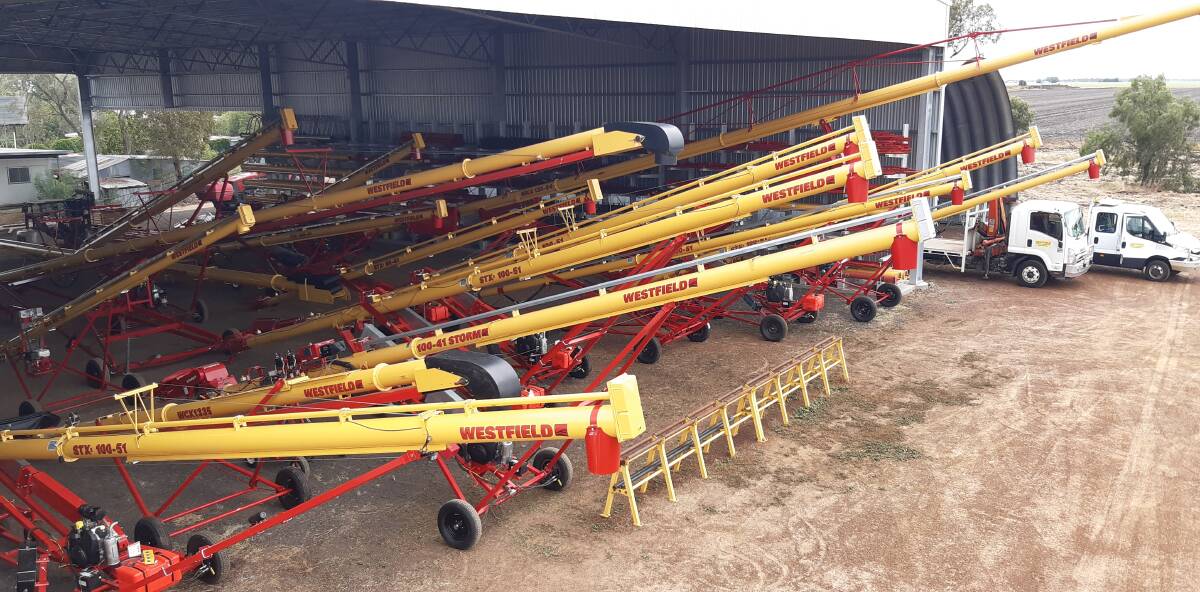 AUGERS OF ALL SIZES: Westfield's well-known yellow and red augers and belt conveyors come in all sizes.