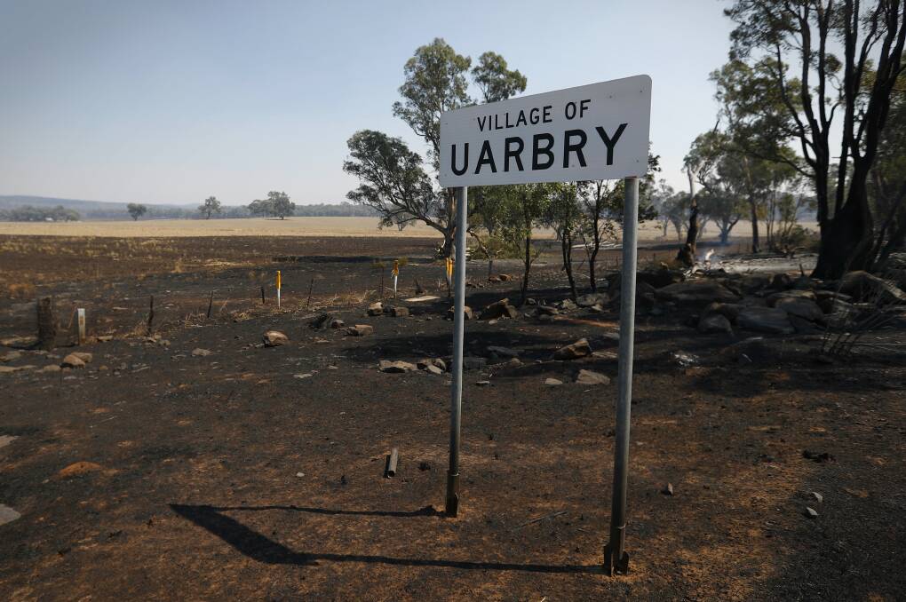 Scorched earth can be seen just outside the village of Uarbry after the Sir Ivan bushfires went through. Photo Alex Ellinghausen