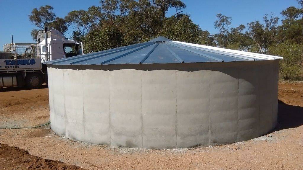 A completed 120,000 litre silo metal roof tank.