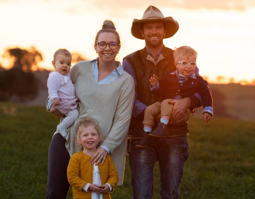 Brad Cavanagh of Hardhat Angus with his family, wife Jess, and kids Olive, Henry and Fleur.