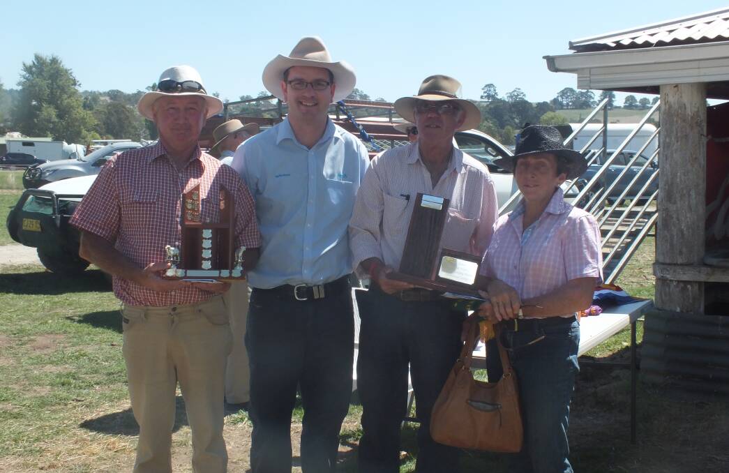 Taralga flock ewe competition winner, Geoff Croker, with Andrew Treweeke, ANZ Agribusiness, and runners-up, David and Estelle Roberts, "Eastleigh", Golspie.