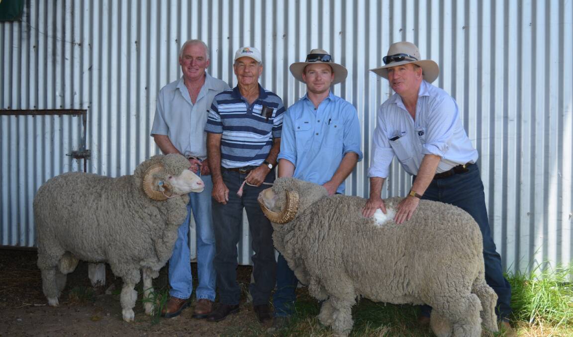 TOP BUYERS: Fred Cameron, "Englefield North", Walcha, and Don Edmonds, "Muswell Hill", Kentucky, with Stanley Vale stud principals, Dominic and Tim Bower.