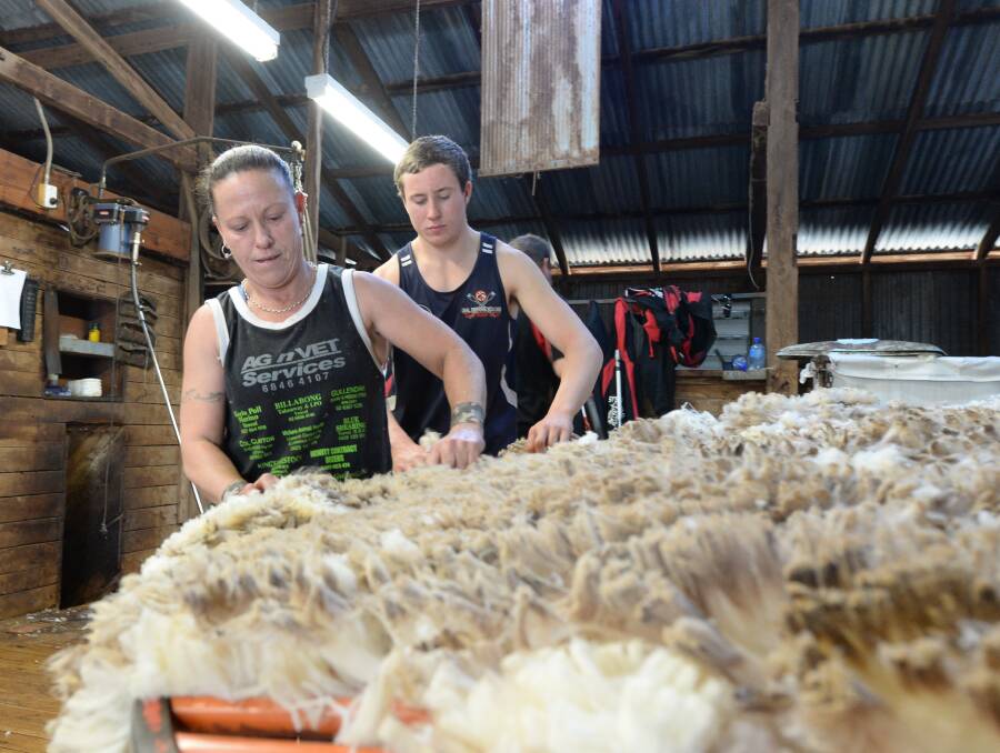 HIGH DEMAND: Colleen Walsh and Jed Herbert, both of Forbes, skirt a Merino fleece during shearing in a local shed. The drought has added plenty of dust to many fleeces. Photo: RACHAEL WEBB