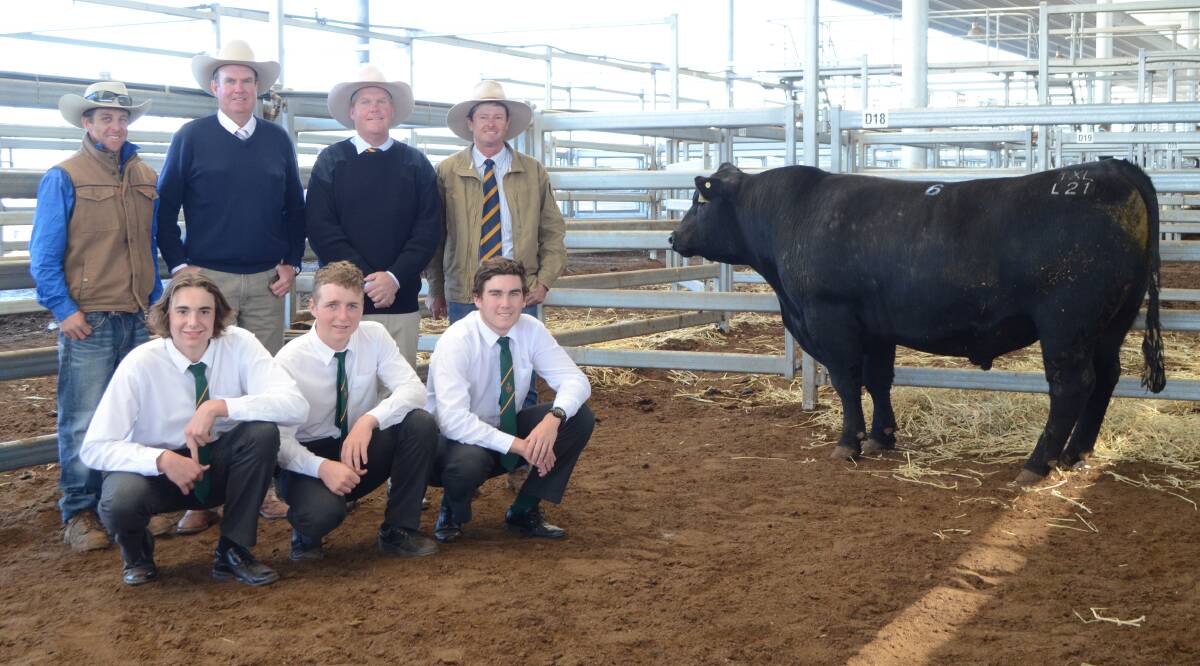 Nathan Steinbeck, XL Angus, auctioneer, Paul Dooley, agents, Patrick Purtle and Chris Paterson, and Farrer students, Brae O'Connor-Bursle, Billy Porter and Aron Patterson with the $12,000 bull from last year's NEAB sale.       