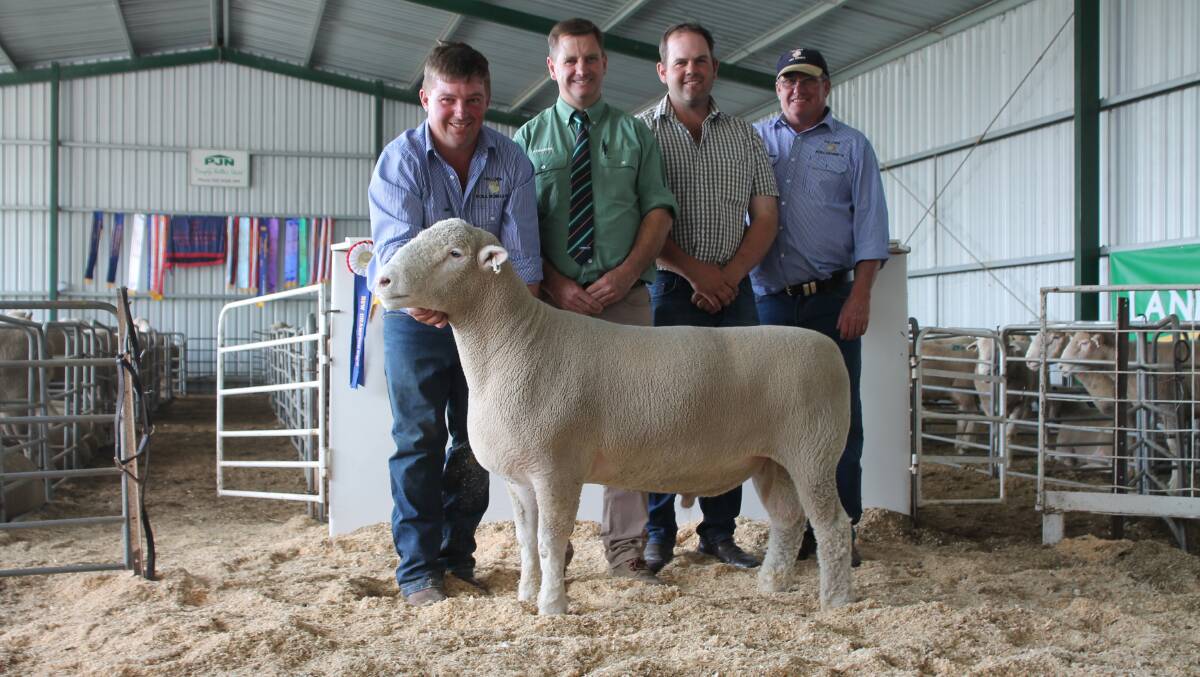 James Frost, Hillden stud, Bannister with the $6500 ram, Rick Power, Landmark, Grenfell, Alex Wilson, Crown Hill stud, Bigga (top price buyer) and Brian Frost, Hillden stud.  