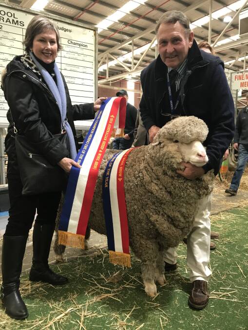 Helen and George McKenzie of Montrose Hill stud, Illabarook, Victoria, with their supreme Merino exhibit of the 2018 ASWS, a 15.5-micron ultra fine wool ewe. 