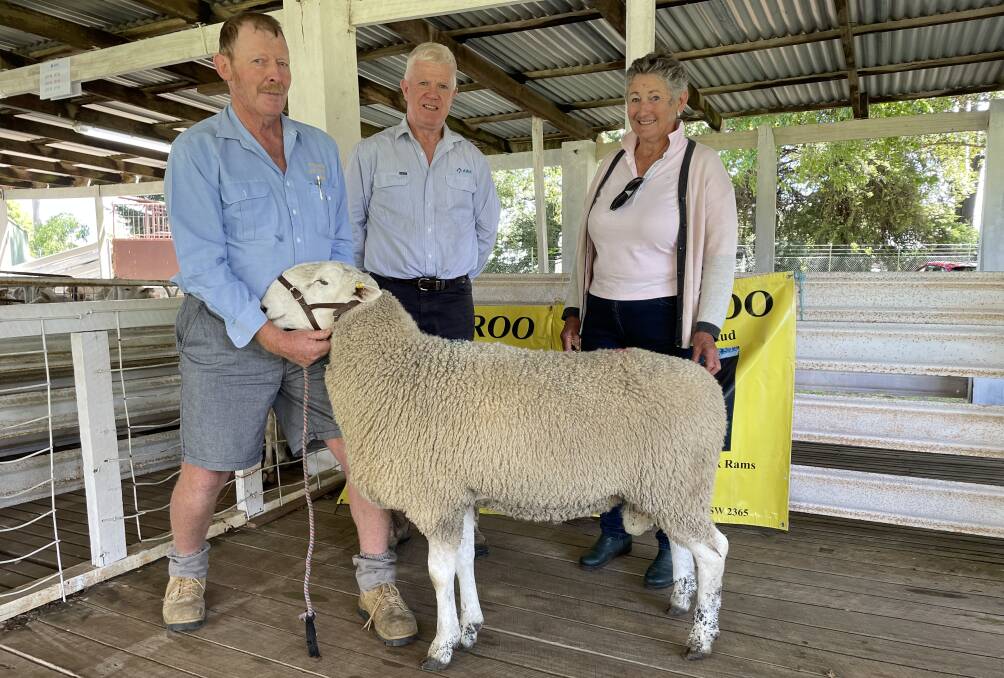 Yallaroo Border Leicester stud principal Ian Roan with auctioneer John Croake and top priced repeat buyer Mary Wilkinson, Guyra. Photo is supplied.
