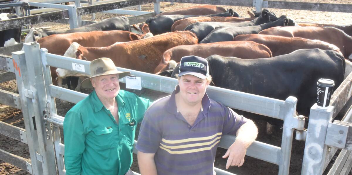 Dennis Rumble with Jessie Stokes, both from Wauchope. Mr Rumble sold Hereford/ Simmental and black baldy steers, 340kg, making 268c/kg or $910.
