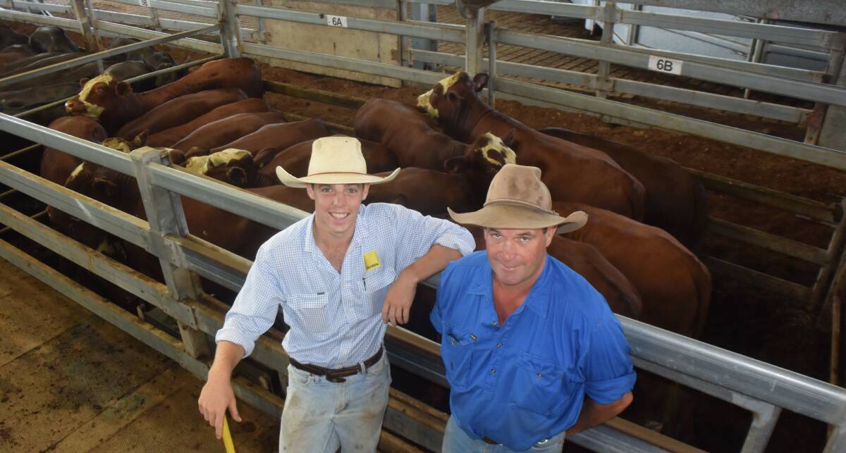 Brad Simcox, Theresa Creek, with Ray White Casino/Kyogle agent Isaac Young, and a pen of autumn drop Yulgilbar Santa Gertrudis/Hereford steers, 411kg, bred on scrub country by Mr Simcox and backgrounded by the Donovan family, Tooloom which fetched 458c/kg or $1879.