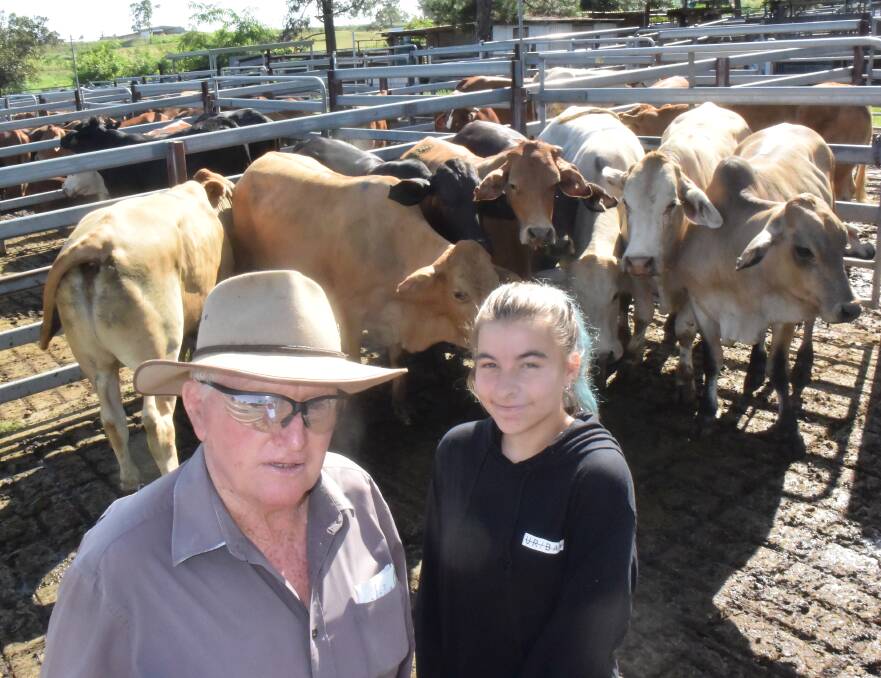 Bryan "Bronc" Riley and Emma Rogers with Brahman-cross steers, 483kg, that sold to 378c/kg or $1827.