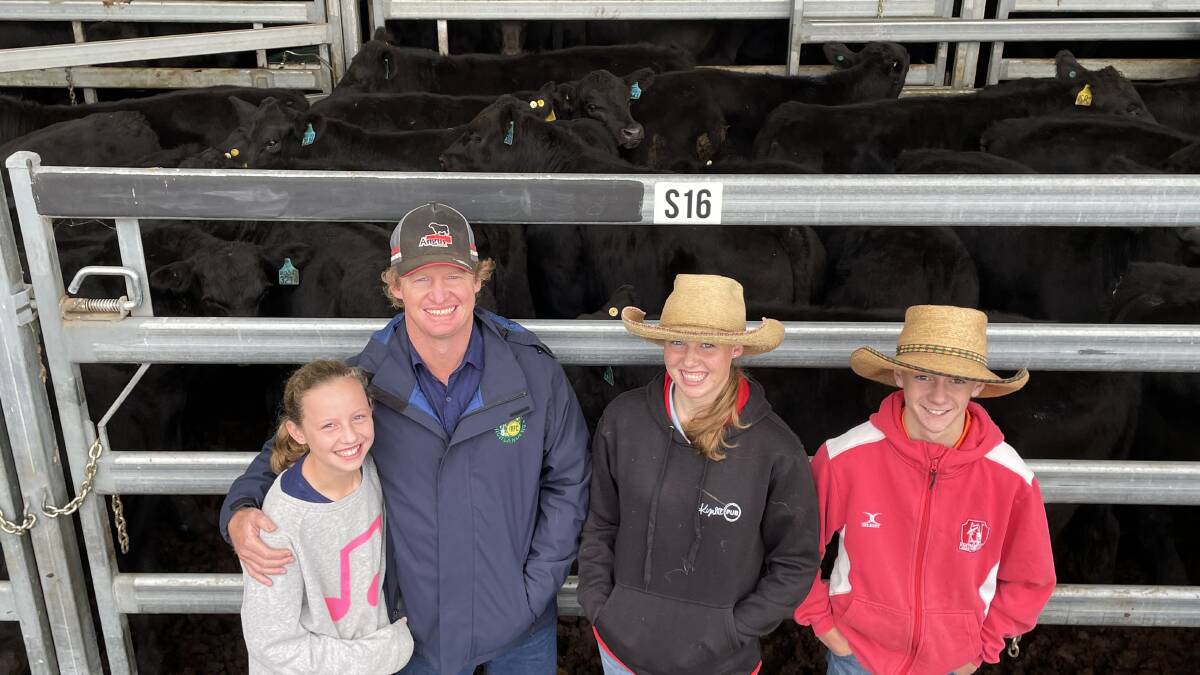 Pippa, Nick, Matilda and Beau Butcher, Bundarra, sold European Union-accredited Angus weaner steers, many of them sired through artificial insemination by Knowla So Right, to make $1204 a head for 319.5kg at 377c/kg at Inverell on Thursday.