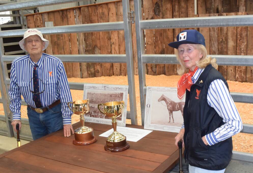 Baillieu and Sarah Myer with the 1919 Melbourne cup won by a horse trained by Sarah's grandfather Sam Hordern, Yulgilbar founder, next to the 2019 Melbourne cup, made from $250,000 worth of polished gold. The presentation created a small diversion from the actual Yulgilbar sale of that year. Mr Myer will be well remembered for his love of the upper Clarence station and its historic castle.