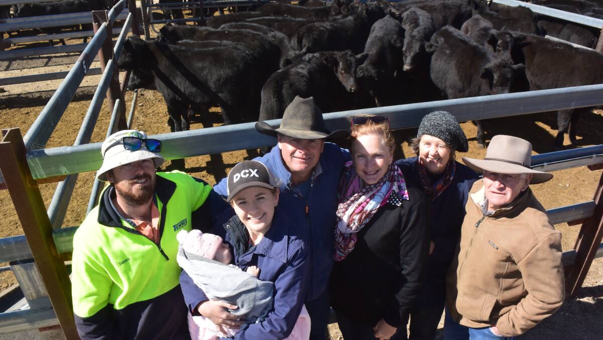 Four generations of graziers with Daniel, Isabel and Sarah Towns with Gary, Nancy, Betty and Ray Pitkin, Tenterfield. Gary and Nancy sold Angus over Brahman/Hereford steers, 308kg at 270c/kg to bring $840 while  their straight Angus, 250kg, brought 240c/kg.