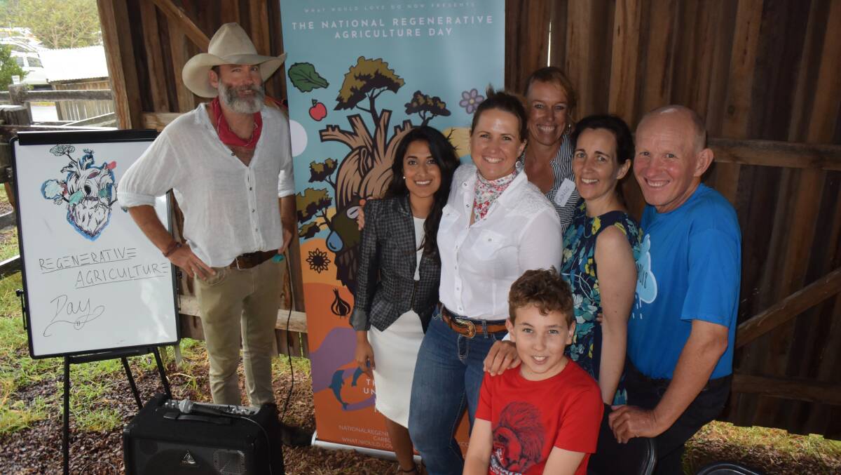 Charlie Arnott, Boorowa with Rhea Abraham, MC and her long-time friend Longreach grazier Jody Brown, Inverell veterinarian Gundi Rhoades with Geoff, Helen and Mike McCosker, Wallangra, at the Byron Bay launch of the National Regenerative Agriculture Day.