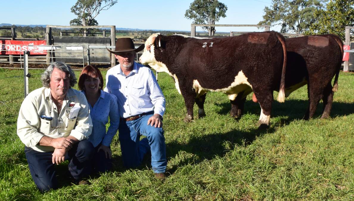 Franco Herefords stud principal Frank Hannigan with repeat clients Sandra and Ian Reid, Woodenbong, and their top-priced bull Franco Napalm alongside Franco Nature's Gift.