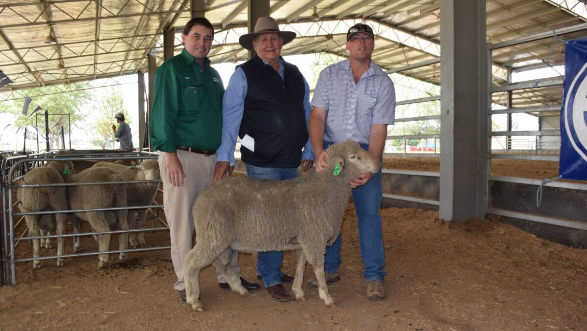 The highest bid of $3300 came from Ken Payne, “Tullaview” Forbes, pictured centre, who selected HW162799, 73.5 kilograms, on conformation. Mr Payne is flanked by his agent Greg Miller, Langlands Hanlon at Parkes, and Harewood stud principal Justin Tombs.