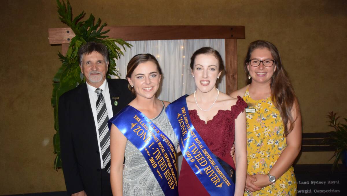 Agricultural Societies Council Vice President and showgirl judge Peter Gooch with Zone 1 winners Elizabeth Jackson, Kempsey, and Ashleigh Little, Kyogle, with judge and 2016 The Land Sydney Royal Showgirl Grace Eppelstun, formerly Grenfell now Tamworth.