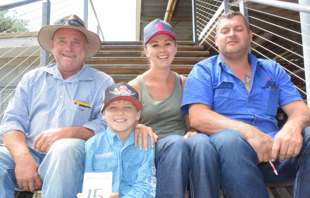 Volume buyers Shamil Livestock, Urunga and Dorrigo, paid to $1425 for Angus heifers in calf to an Angus bull from Franklin Angus on the Upper Orara. Pictured here are Nigel Thurgood, Bronx Hamilton, Tiarne Gavin and Brock Hamilton.