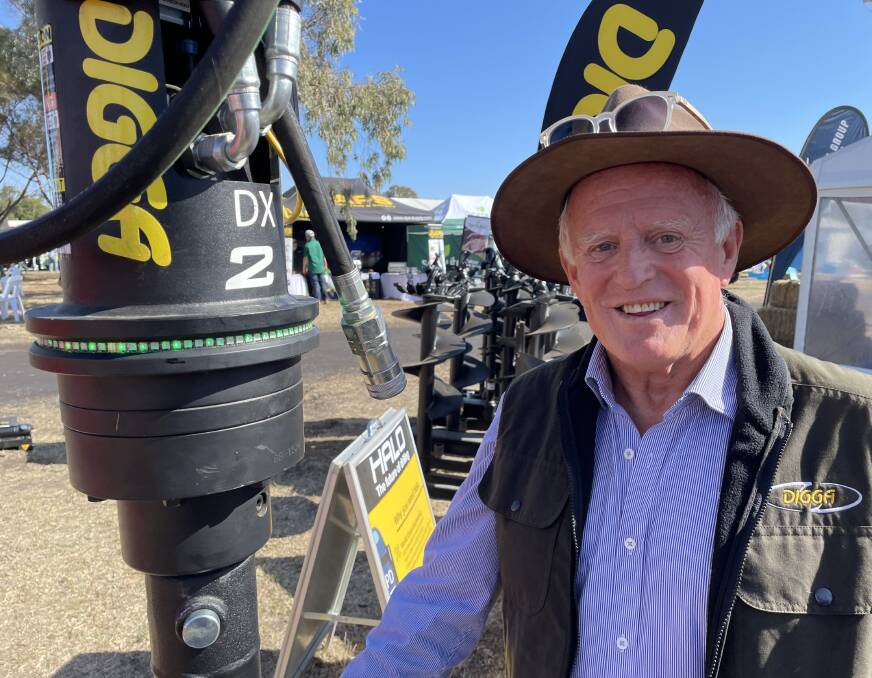 Digga Australia CEO Alan Wade at AgQuip, Gunnedah, with an Aussie made augur alignment system that sells into India and Asia.
