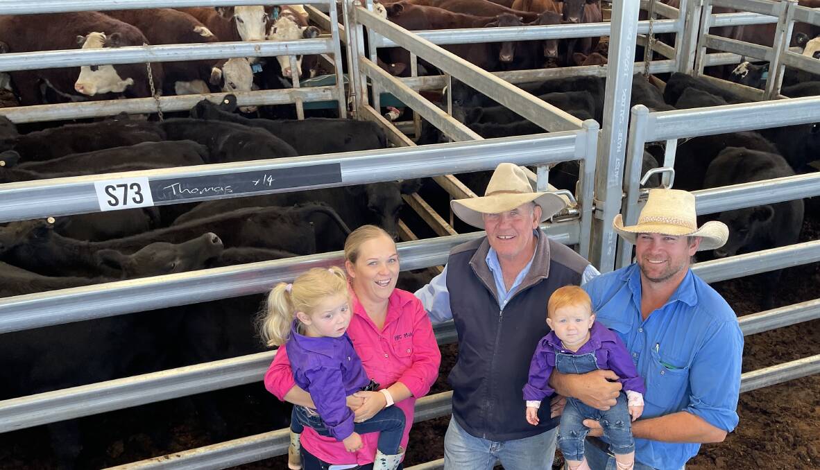 The Makim family, Gum Flat via Compton Dam, Amy and Chad with Elsie and Lyla, paid 412c/kg for these Promore Pastoral Angus steers on advice from their agent Mark Smith, JA McGregor, at Inverell on Thursday.