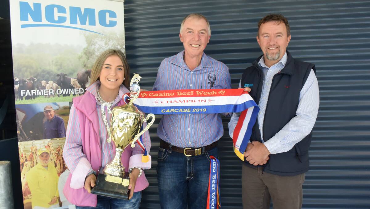 Clean and green Branding on the Northern Rivers: Carcase winners Olivia and her father Mark O'Reilly, Iron Pot Pastoral with Northern Co-operative Meat Company CEO Simon Stahl.