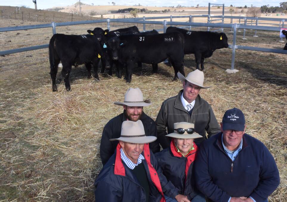 James and Annie Laurie, Knowla Livestock, Moppy via Gloucester, with Sam White Bald Blair, Paul Harris, Elders and Auctioneer Paul Dooley with top priced bull lot 31 Bald Blair N47 by Ayrvale General G18.