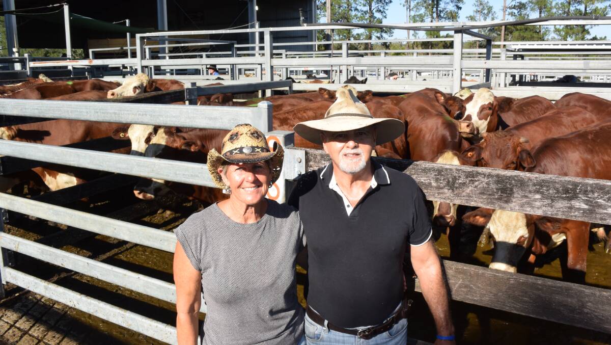 Larry and Lee Geddis, formerly Bundaberg now Kinchela Creek, sold a pen of two-toothed Santa/ Hereford 578kg at 258c/kg to make $1492. The cattle were originally bought at Kempsey saleyard.
