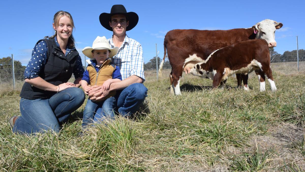 Grant, Kylie and Travis Kneipp with Battalion Constance D311, nine years old, with her calf Battalion Bomber N031. The Kneipps are excited about this new calf.