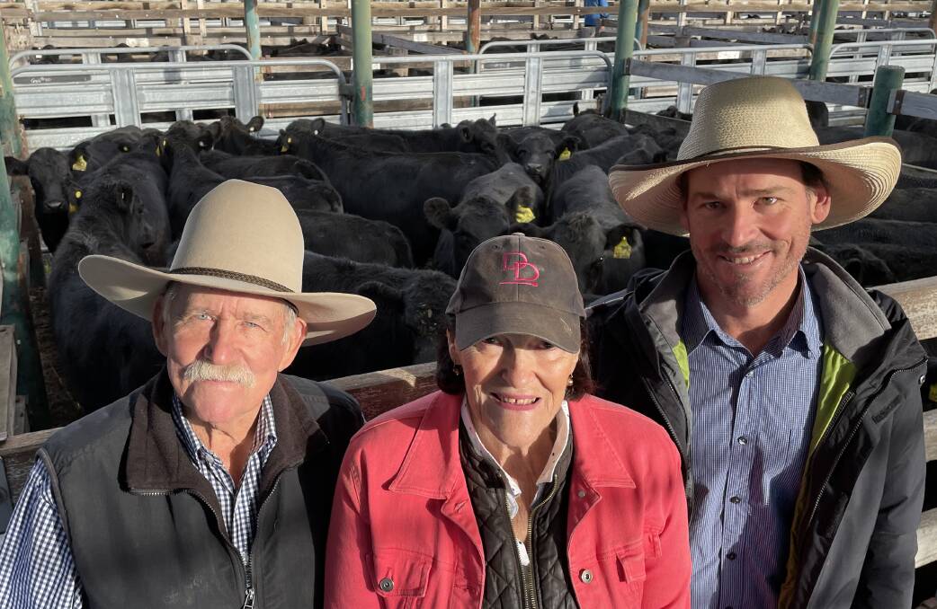 David, Christine and Fergus Dance, Millbong, Shannonvale Road, with a pen of Angus Verified steers by John Pearson, Guyra, 330kg that made 454c/kg or $1498.20 at Glen Innes on Friday.