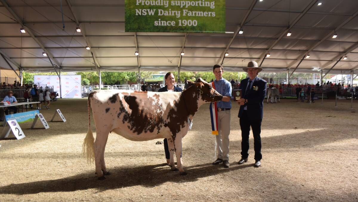 Champion dairy cattle parader, James Patrick Bush, Camden, flanked by judge Hayley Menzies and David Peters, chairman of the National Competition Working Group and president of the Agricultural Societies Council of NSW.