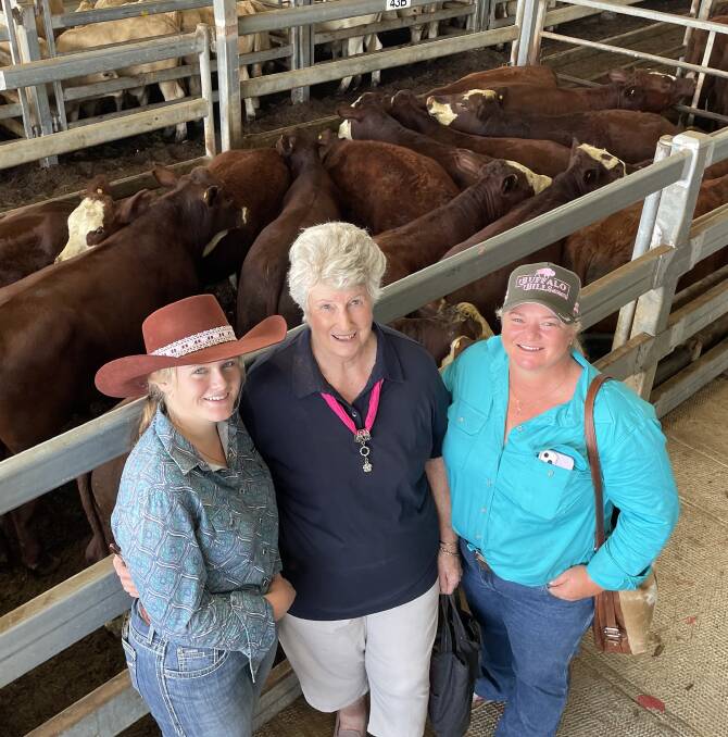 Three generations of Fletcher women from Koreelah - Katie, Margaret and Wendy - with Santa/Hereford steers that sold to $1471.49 for 300kg at Casino on Friday.