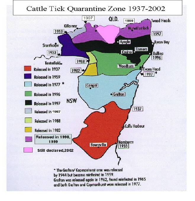 The cattle tick quarantine zone shrunk dramatically during concerted eradication campaigns until the pest was pushed back to the Queensland border.