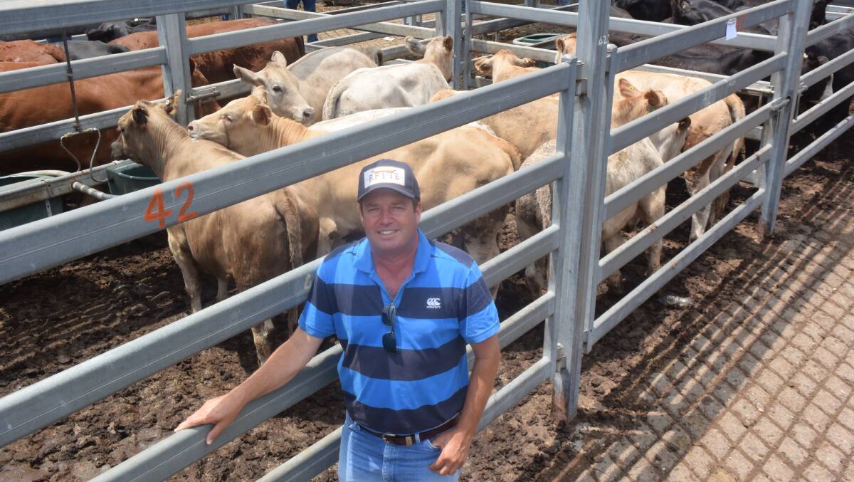 Dean Mitchell, Nulla Creek, with the champion pen of weaner steers, 310kg, making 282c/kg or $876 going onto feed at Goondiwindi.