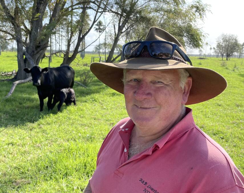 Barry Shearman, Fullerton Cove, with Angus cow and calf on kikuyu pasture that borders on mangroves. Breeding with proven stud genetics is an important part of his program.