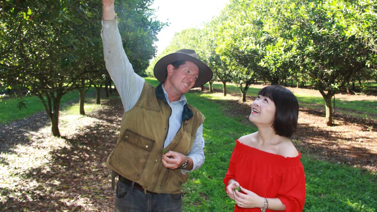 Lynwood macadamia grower Andrew Leslie explains his production ideology to 'mummy blogger' Tang Ling, Shanghai, who will broadcast the message to her two million followers on Chinese parenting website BabyTree. The Australian Macadamia Society was an early adopter of social media as a marketing tool.