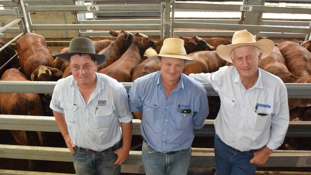 Casino agent Jack Maloney, Bentley; with Greg Makejev, Mallanganee, and agent Allen Ramsey with Mr Makejev's F1 females PTIC to Angus which topped day one of the two-day special store sale at $1610.