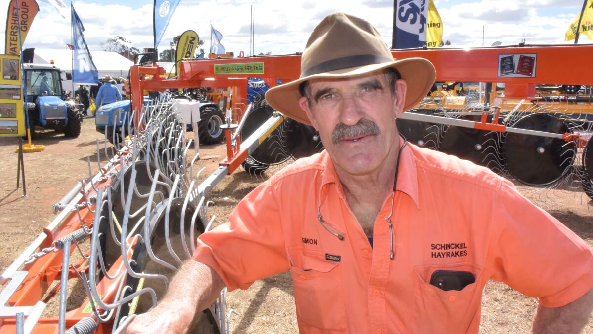 Haymaking equipment attracted interest at Gunnedah's AgQuip with Simon Schinckel from Naracoorte reporting a good level of inquiries. His latest innovation has taken conventional thinking and put it out in front.