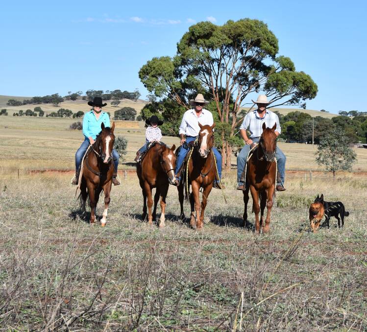 Megan McLoughlin, her son Sam McLoughlan, 2, Jim Willoughby and Tom Willoughby at Allendale North, SA. Photo by Carla Wiese-Smith. 