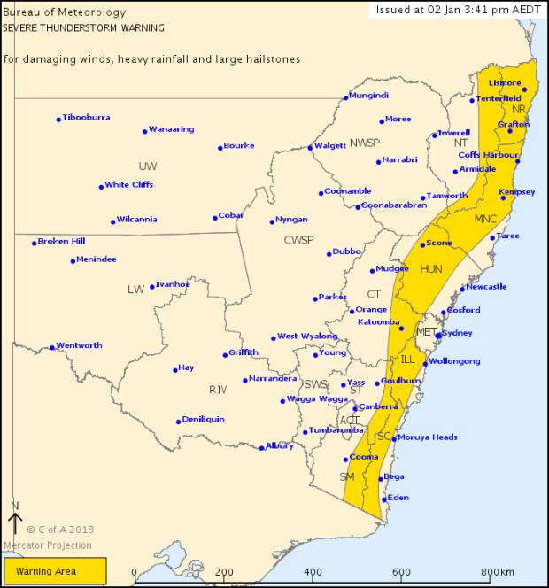 The severe thunderstorm warning area, as at 3.40pm. Photo: Bureau of Meteorology