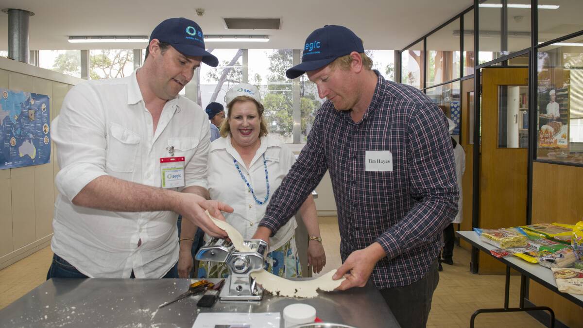 Tim Hayes (right), Badgingarra, had a hands-on feel for wheat quality and how it affected the performance of noodles and bread.