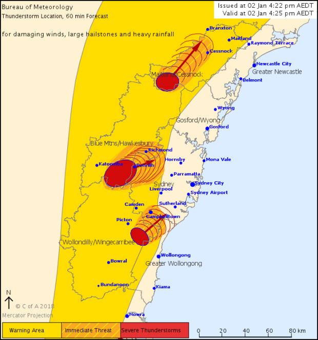 The severe thunderstorm warning issued at 4.20pm. Photo: Bureau of Meterology