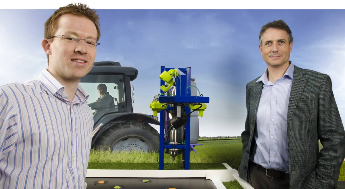Cambridge Consultants' Niall Mottram and Nathan Wrench with a field day display of the eco-friendly sprayer.