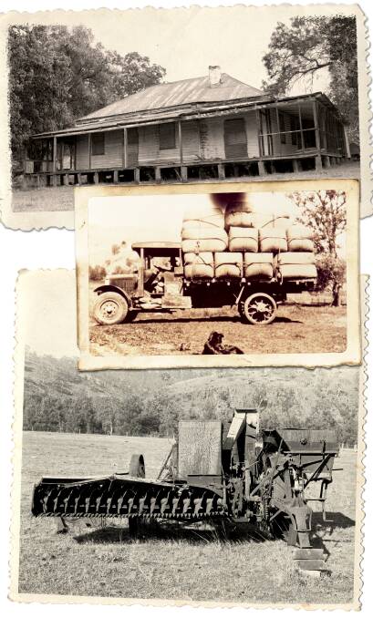 The “Jooriland” homestead, a load of wool on carrier Archie Tippet’s Stewart truck and a long-abandoned harvester. Photos by Wollondilly Heritage Centre and Tim Rowston.