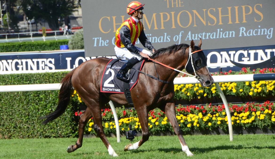 Showtime (with Corey Brown up) after finishing second in the Arrowfield Sprint at Randwick. The chestnut son of Snitzel has been retired to stand at Arrowfield Stud.